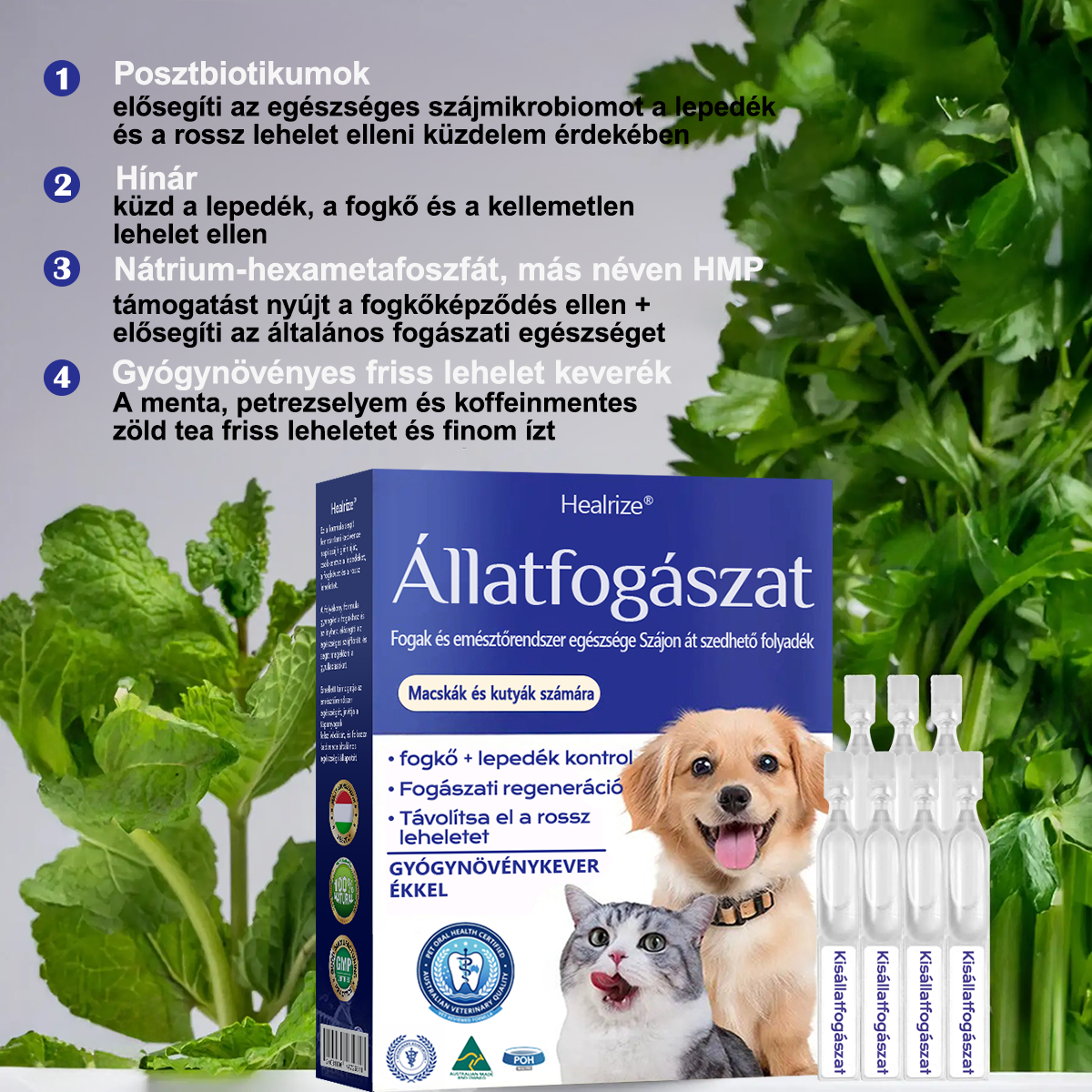 🐶🐱[🇭🇺 Hivatalos Áruház] Healrize® Állati Fogászati és Emésztési Egészséget Támogató Orális Folyadék – Friss lehelet, fogkő eltávolítása és ínyregeneráció támogatása, a fogak stabilizálása (macskáknak és kutyáknak) – Ma 70% kedvezmény!